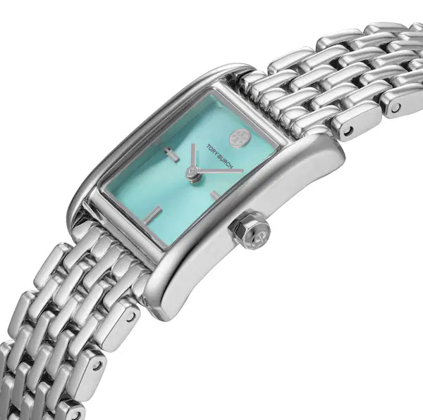 Close-up of Tory Burch Eleanor watch dial showing baby sky blue color and hands