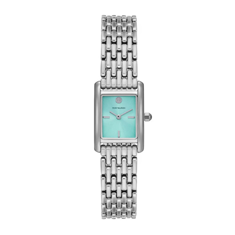 Tory Burch Eleanor watch with baby sky blue rectangular dial and silver-tone bracelet