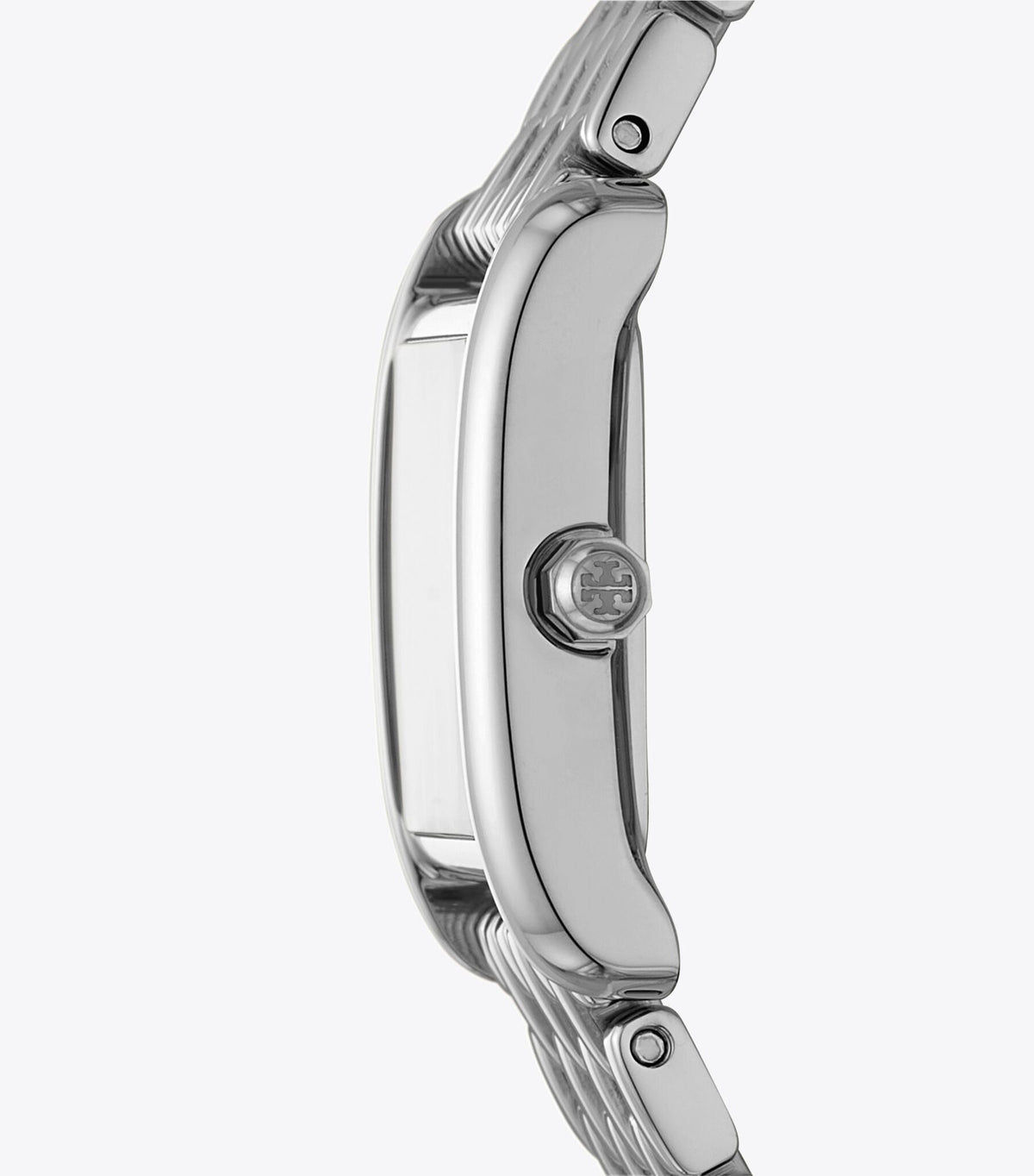 Side view of Tory Burch Eleanor watch showing case profile and silver bracelet