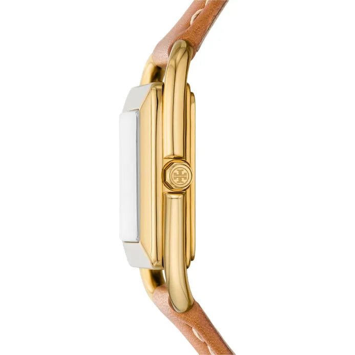 Side view of Tory Burch Miller watch showing gold-tone case profile and brown leather strap