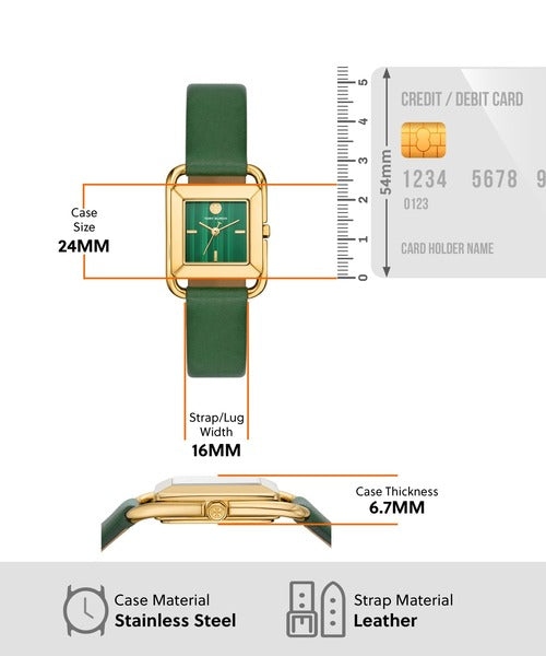 Tory Burch Miller TBW6011 specifications: 24mm case, 16mm strap width, 6.7mm thickness, stainless steel case, leather strap