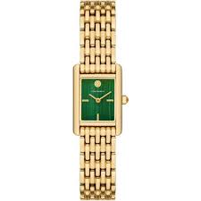 Angled view of Tory Burch Mini Eleanor gold bracelet watch with green dial