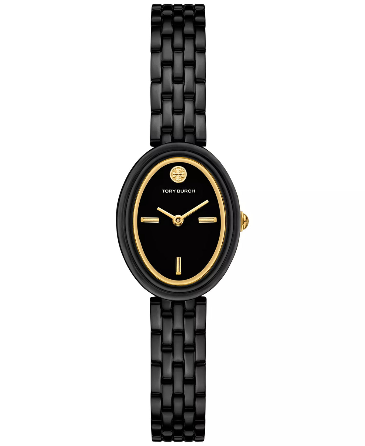 Tory Burch The Oval black steel watch with black dial and gold accents on bracelet