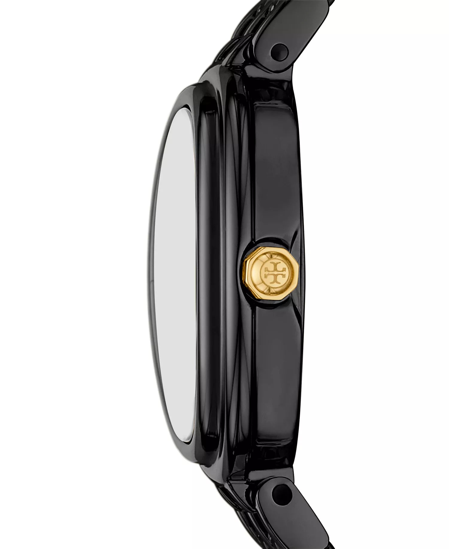 Side profile of Tory Burch The Oval watch showing oval case and gold logo detail