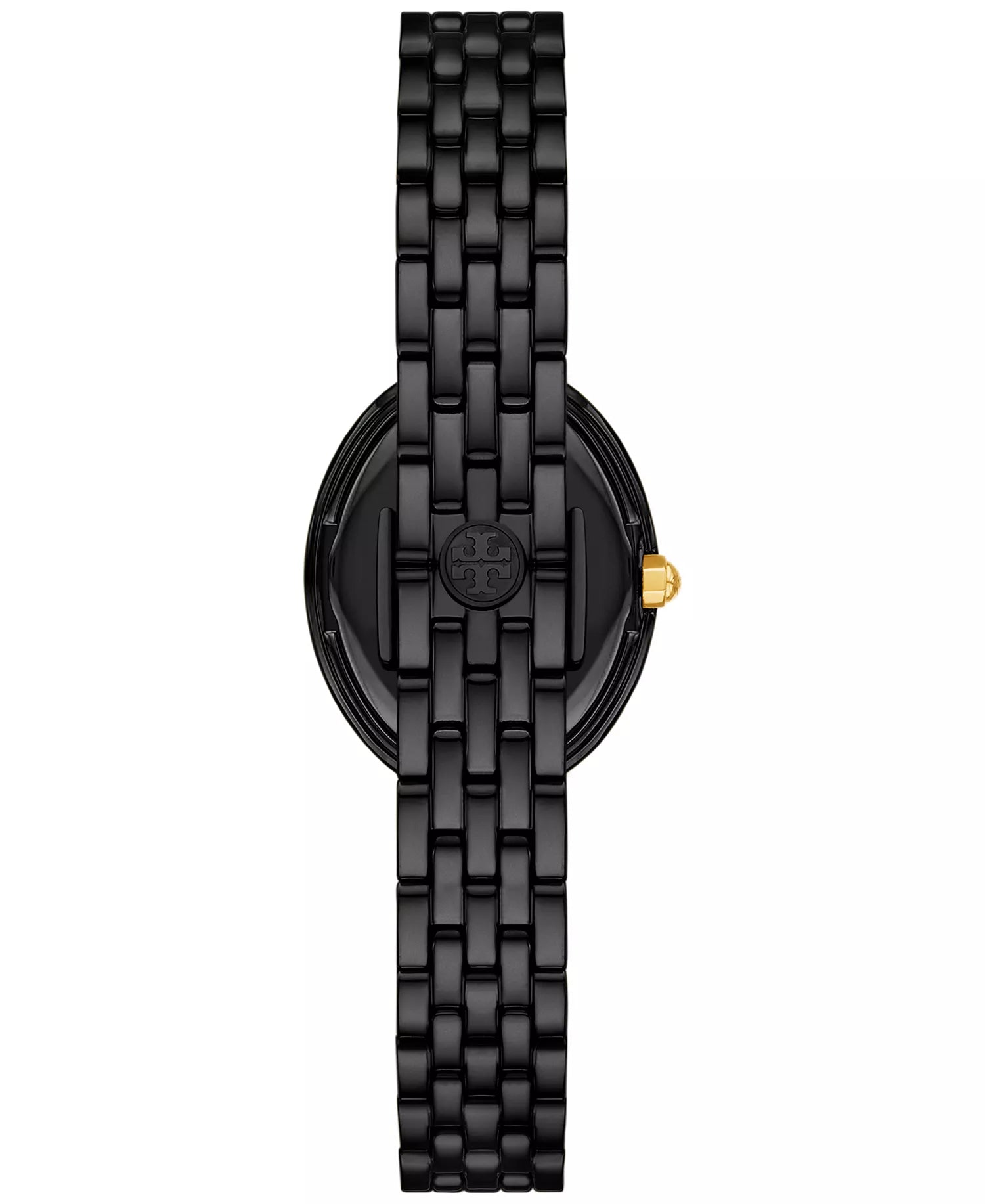 Back view of Tory Burch The Oval watch with Tory Burch logo on black steel caseback