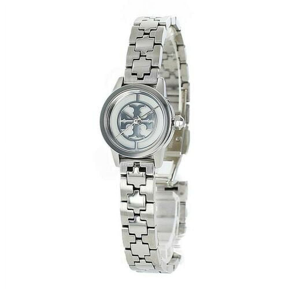 Tory Burch Reva Slim women's watch angled view showing stainless steel case and bracelet