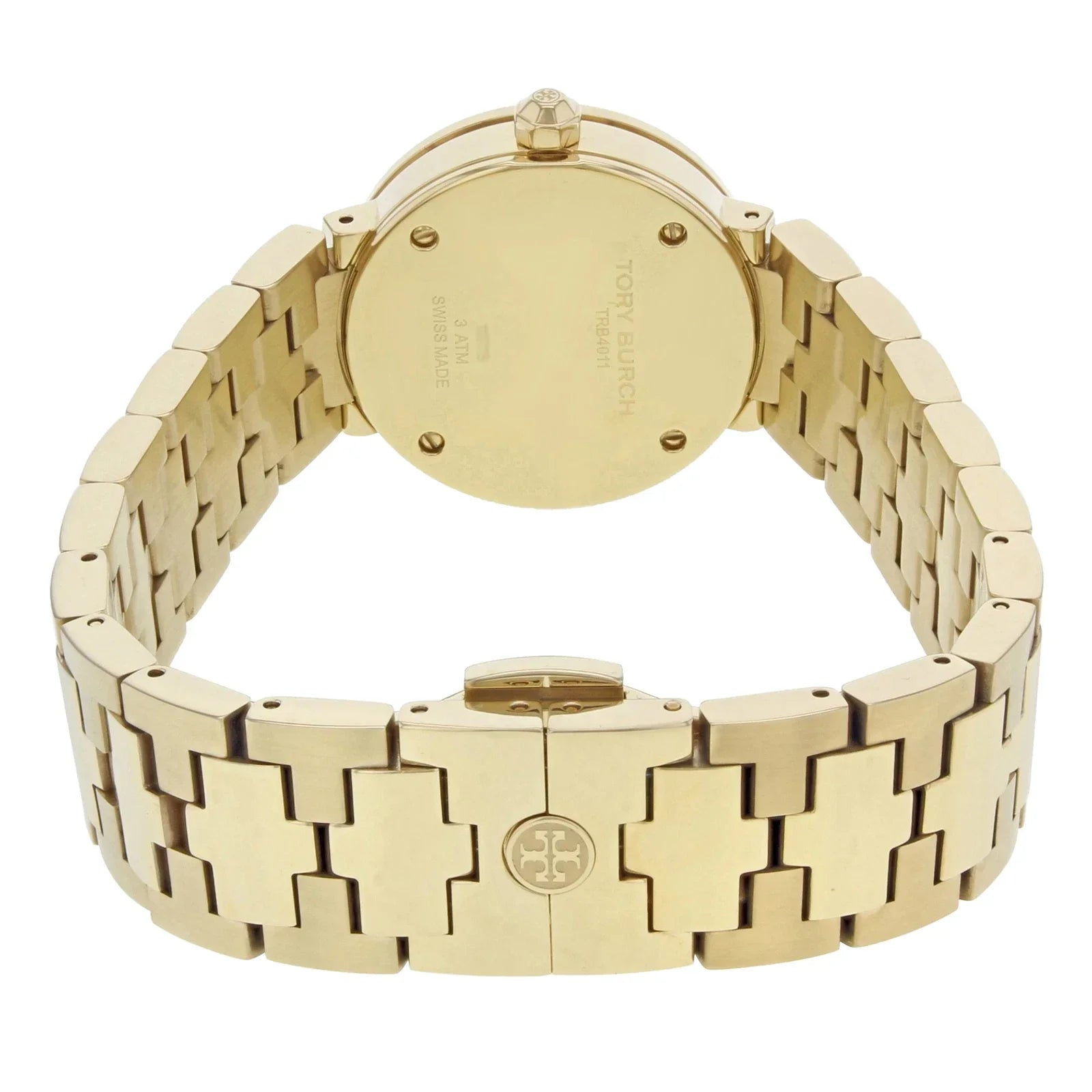 Tory Burch Reva watch caseback showing engraved text and gold-tone strap details