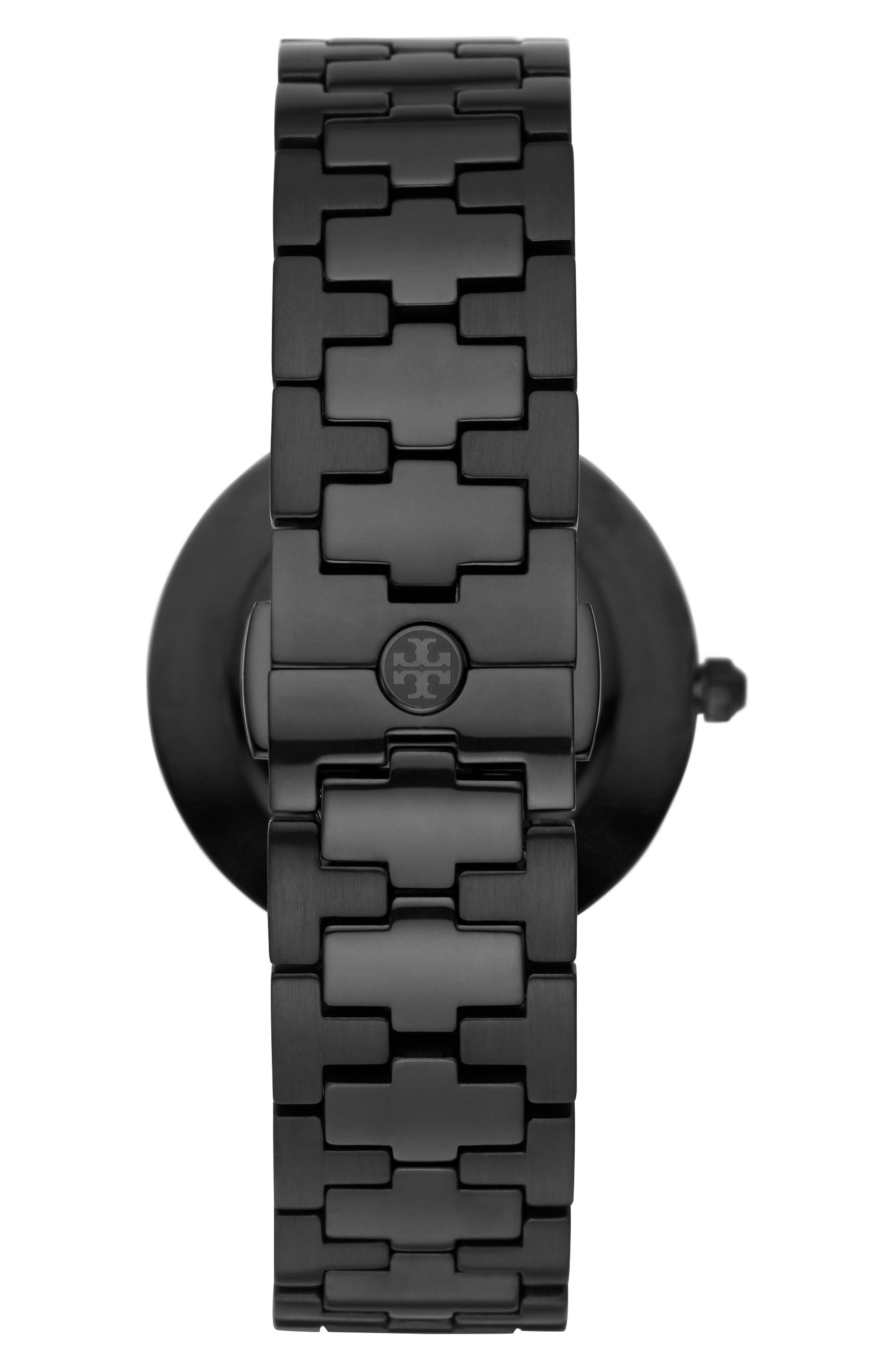 Back view of Tory Burch Reva watch showing black stainless steel case back and black bracelet