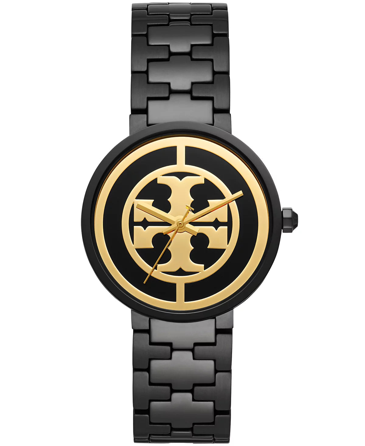 Tory Burch Reva women's watch with black case, gold logo dial, and black stainless steel bracelet