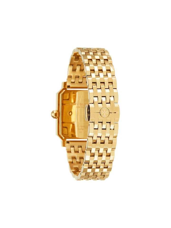 Tory Burch Robinson gold stainless steel watch shown from angled side view displaying link bracelet