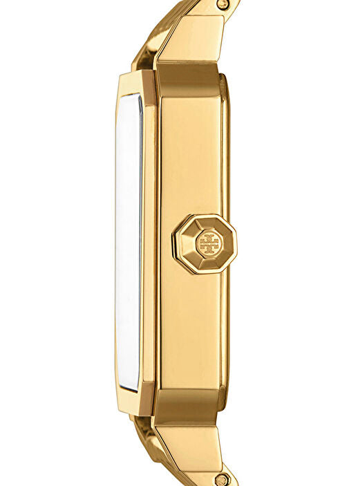 Tory Burch Robinson gold stainless steel watch side profile with hexagonal crown and flat bracelet