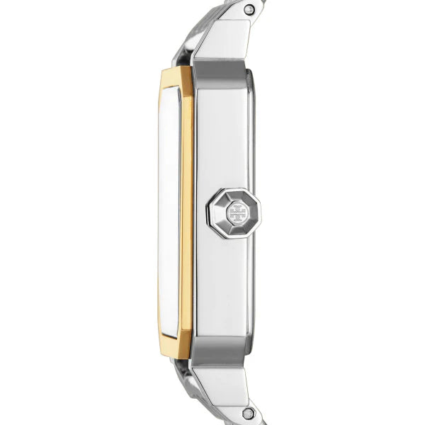 Side profile view of Tory Burch Robinson two-tone watch showing case depth and bezel details