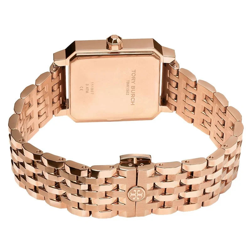 Caseback view of Tory Burch Robinson rose gold watch showing rose gold stainless steel and brand engraving