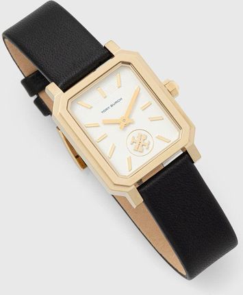 Three-quarter view of gold rectangular watch with white dial and black leather strap