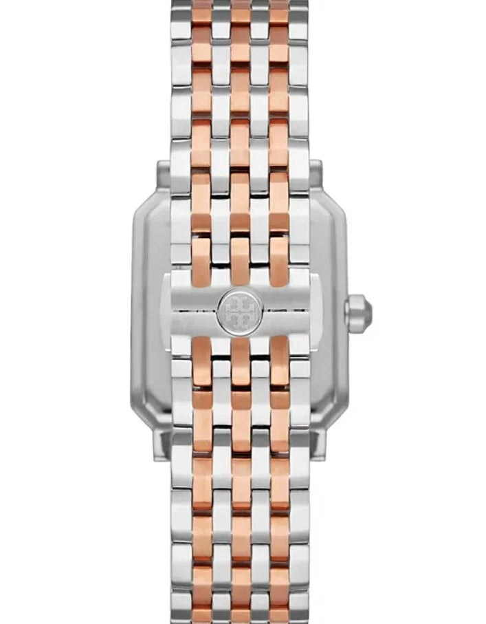 Tory Burch Robinson watch caseback showing two-tone rose gold and silver stainless steel bracelet