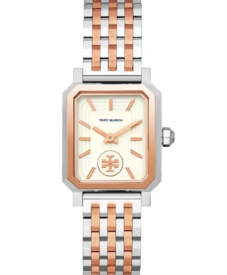 Tory Burch Robinson rose gold and silver stainless steel women's watch with rectangular dial