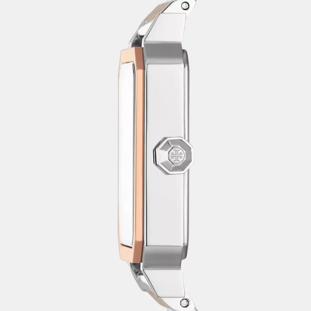 Side profile of Tory Burch Robinson women's watch with rose gold and silver stainless steel case