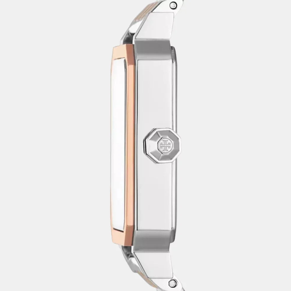 Side profile of Tory Burch Robinson women's watch with rose gold and silver stainless steel case