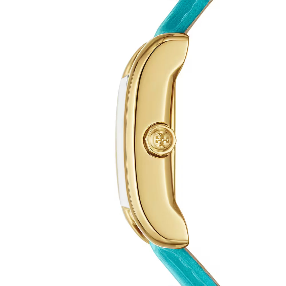 Side view of Tory Burch Tank watch showing gold case and turquoise leather band
