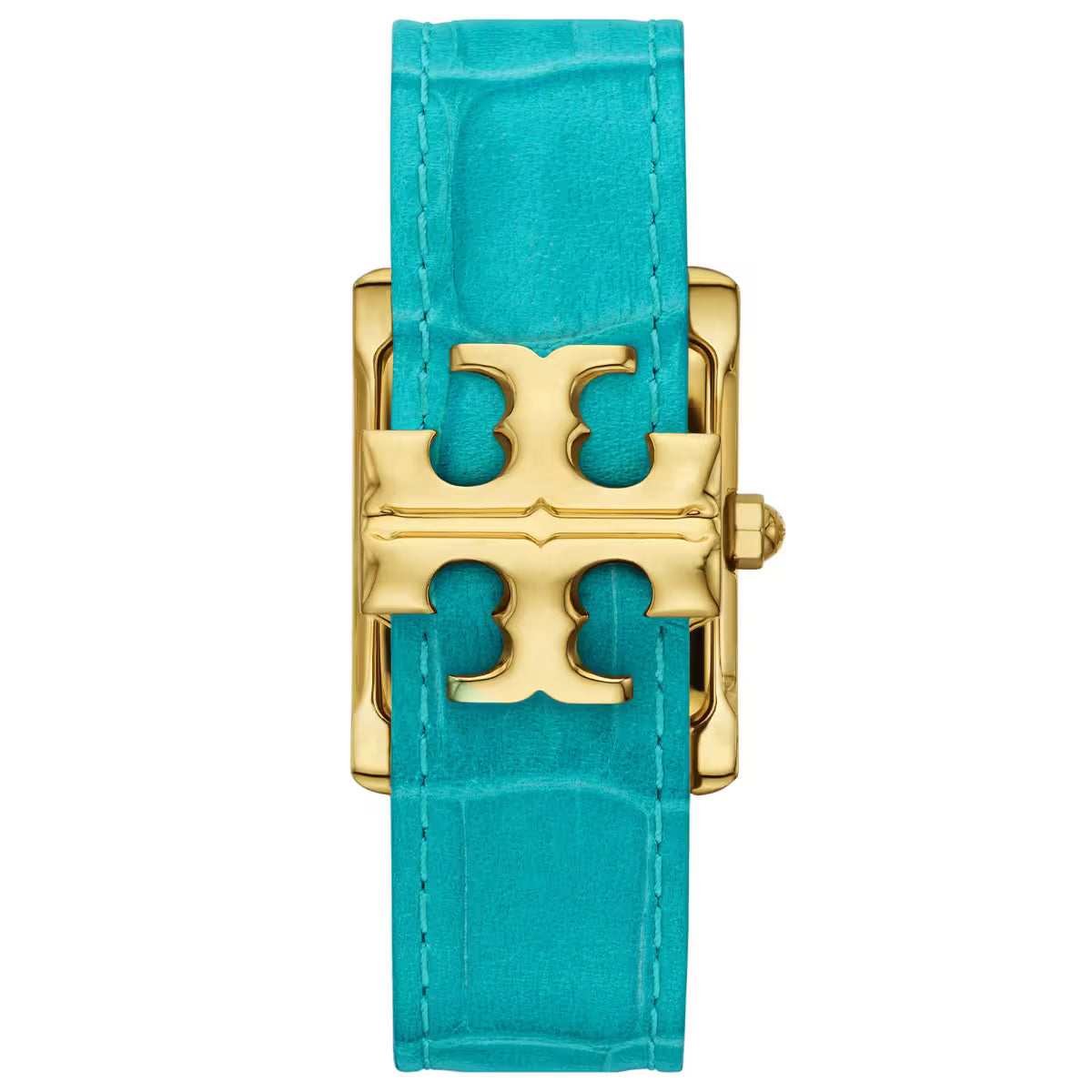 Tory Burch Tank watch strap detail showing T logo clasp on turquoise leather