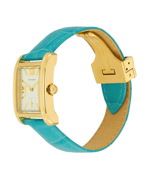 Tory Burch Tank watch worn on wrist showing cream dial and turquoise leather band