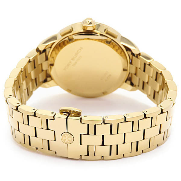 Gold stainless steel caseback of Tory Burch chronograph watch