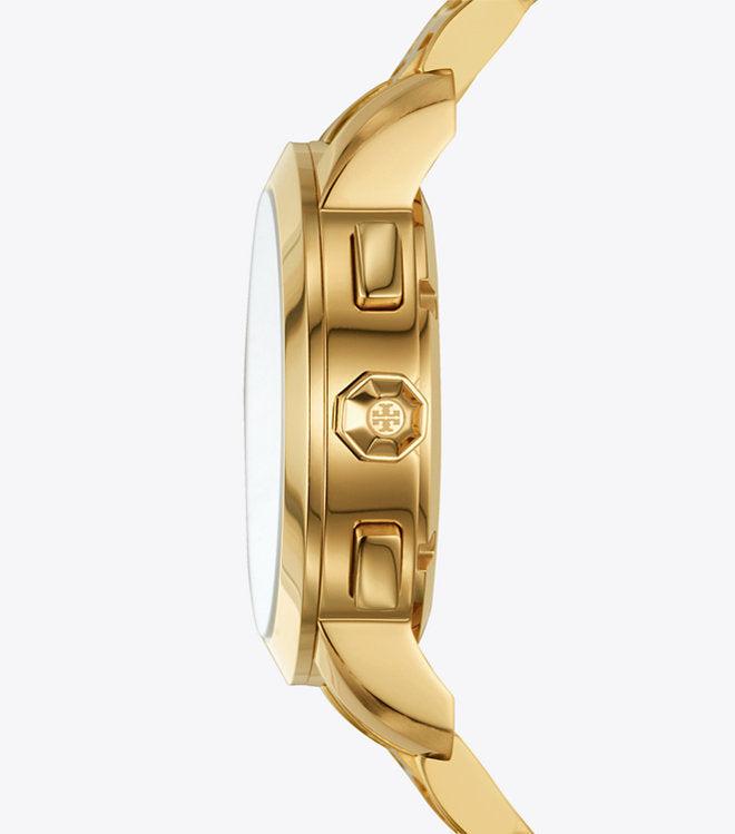 Side view of Tory Burch gold chronograph watch showing case profile