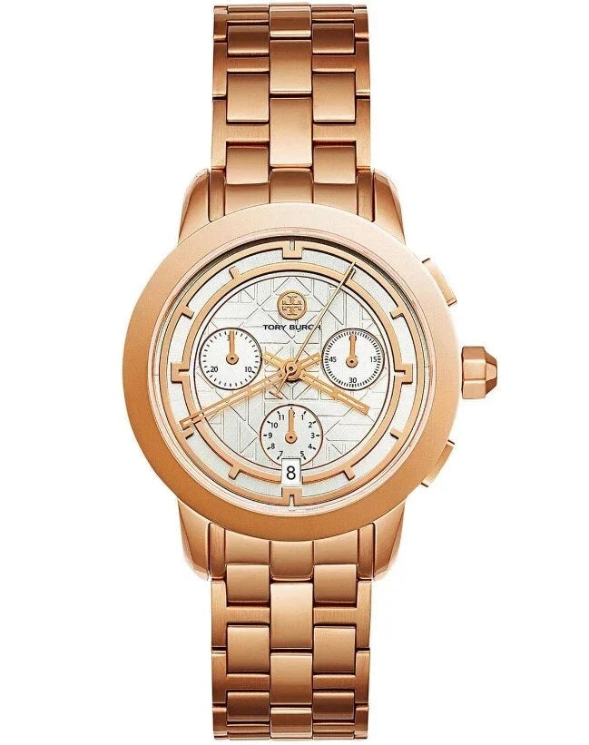 Tory Burch Classic Chronograph rose gold-tone watch with white dial and subdials on matching bracelet