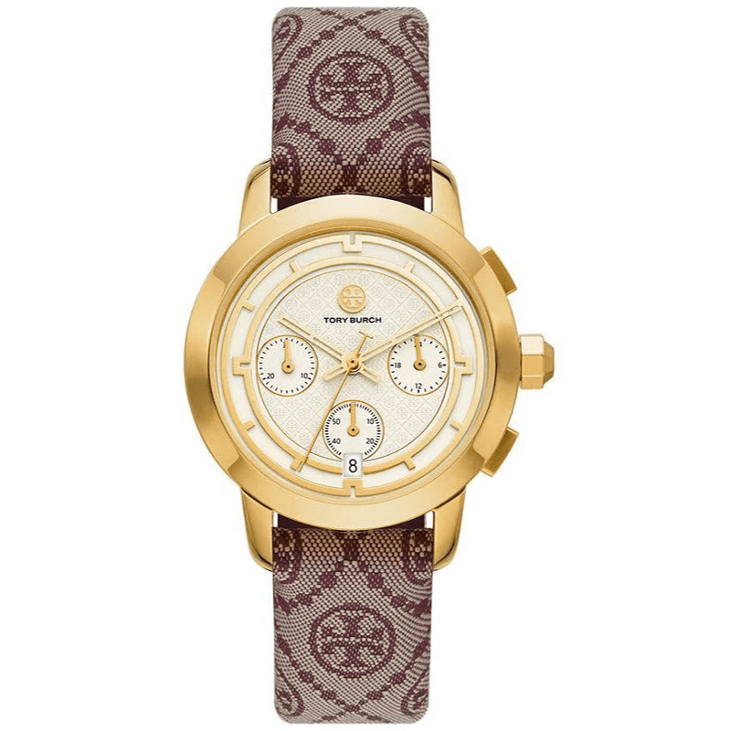 Tory Burch TBW1051 gold chronograph watch with cream dial and brown patterned leather strap