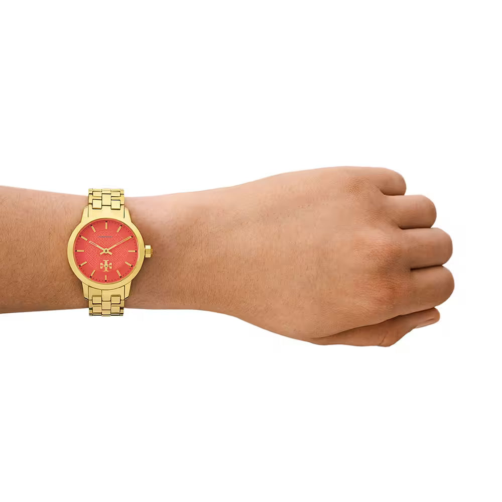 Tory Burch Red Dial Gold Steel Bracelet Women's Watch TBW1056