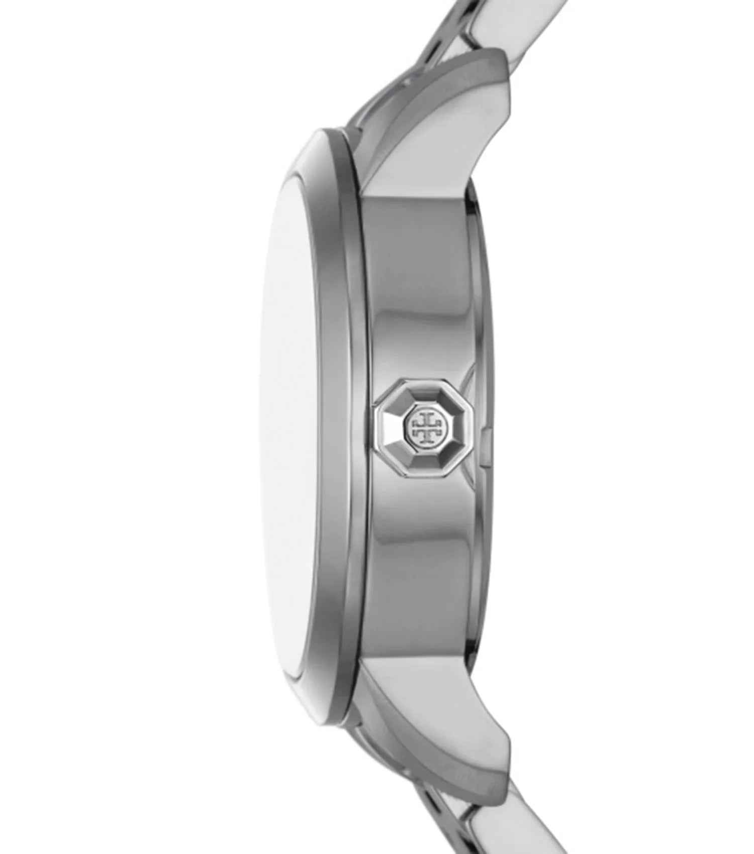 Side profile of Tory Burch TBW1057 watch case with silver stainless steel band