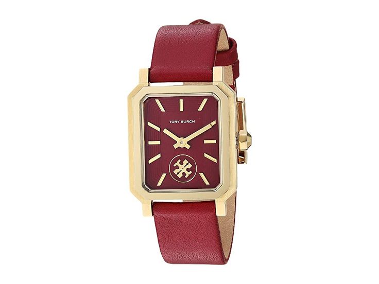 Tory Burch TBW1505 worn on wrist showing maroon dial, gold rectangular case, and burgundy leather band