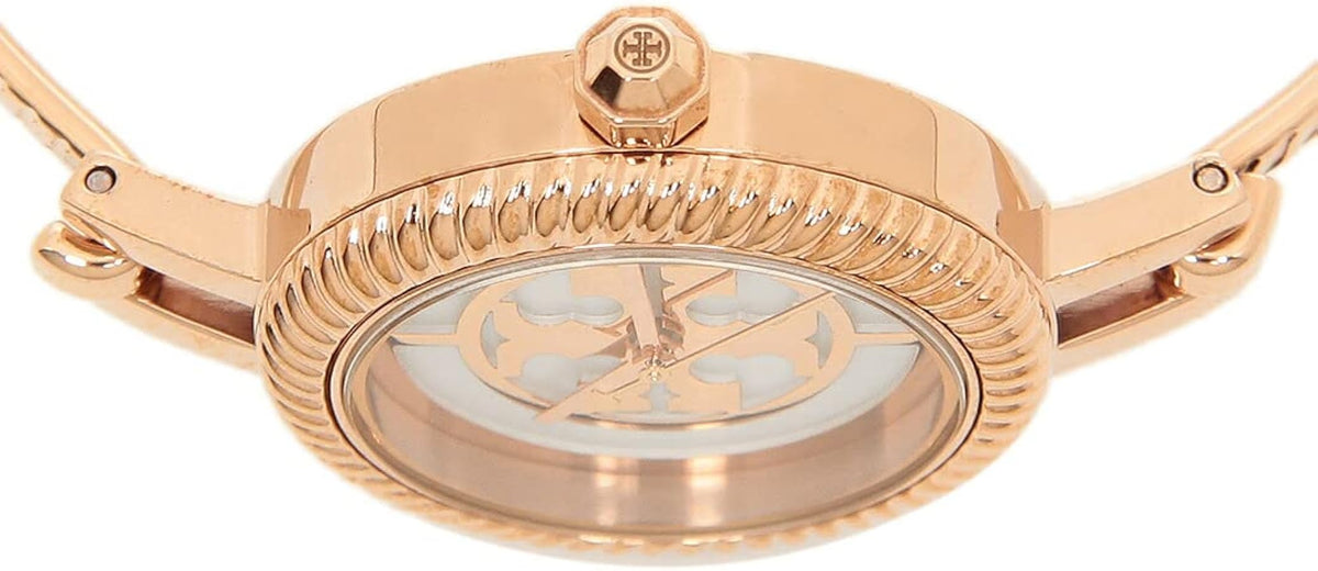 Tory Burch Riva rose gold watch dial and bezel detail view