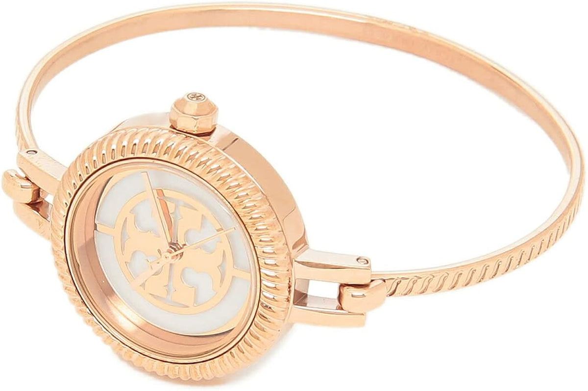 Tory Burch Riva rose gold bangle watch worn on wrist