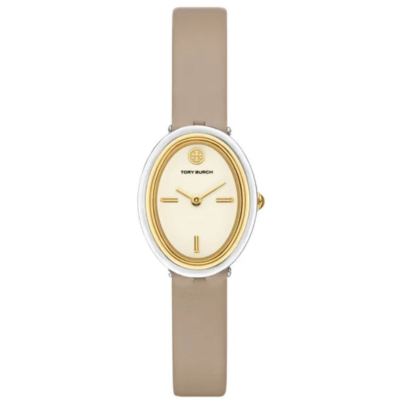 Tory Burch Oval White Dial Grey Leather Watch TBW6031