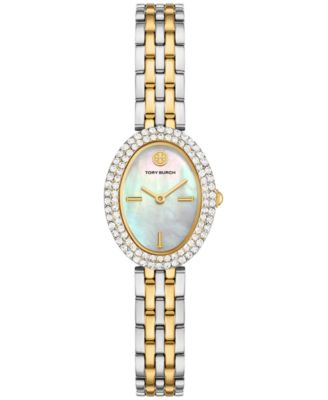 Tory Burch oval watch with crystal-set bezel and mother of pearl dial