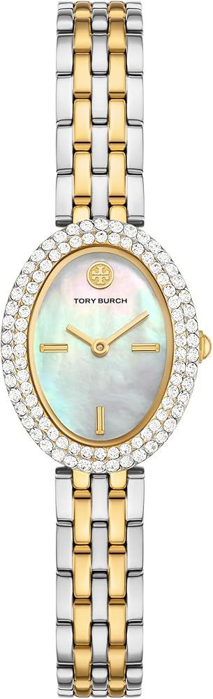 Two-tone steel oval watch with mother of pearl dial and crystal bezel