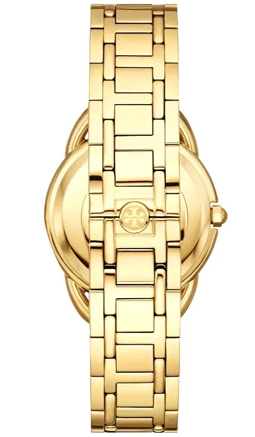 Tory Burch The Miller watch back view displaying gold-tone stainless steel case and bracelet