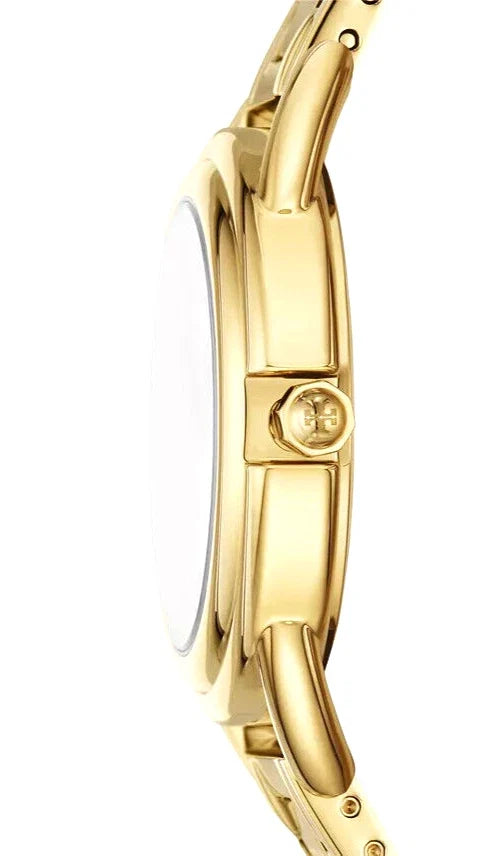 Tory Burch The Miller watch shown from side profile with polished gold-tone case and bracelet