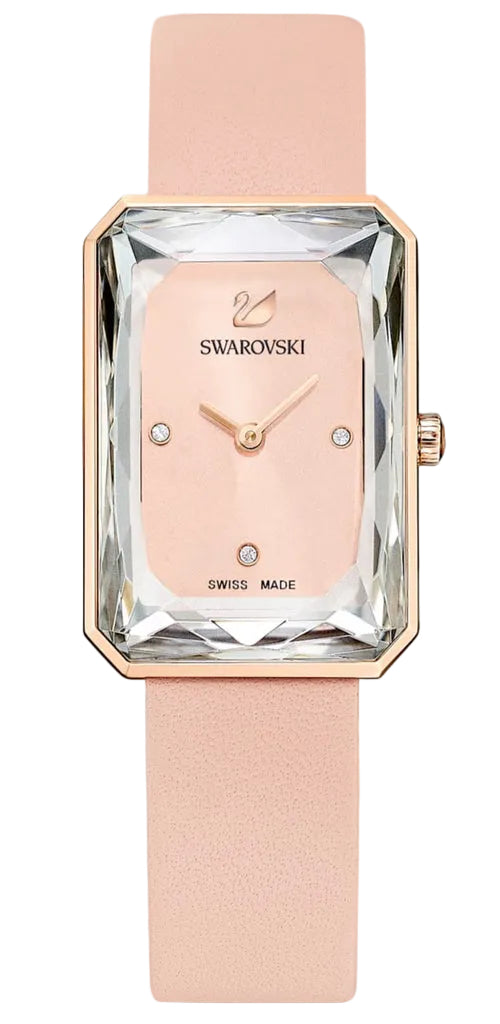 Swarovski watch with pink strap and clear face on a white background