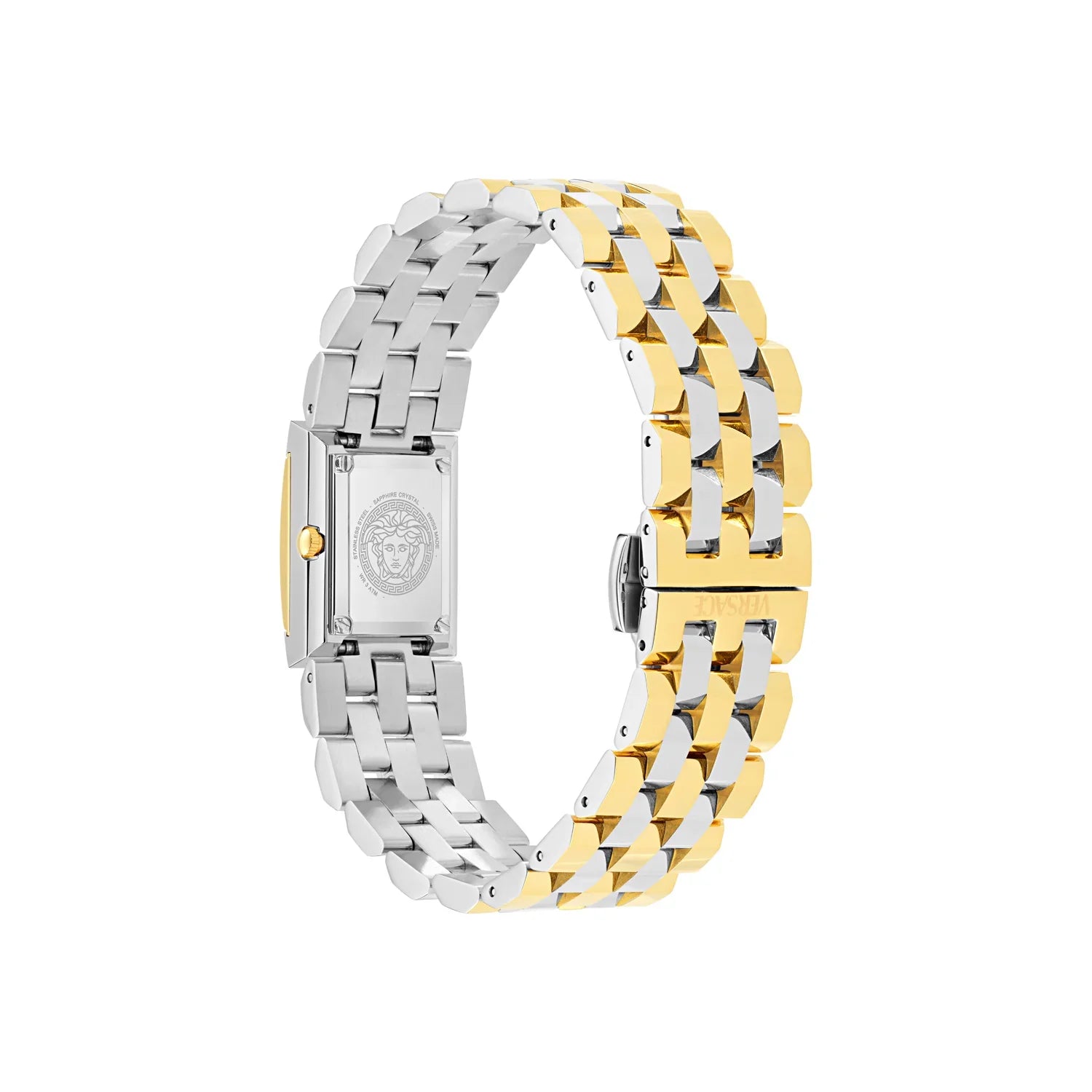 Versace Reveal watch side view showing rectangular case and two-tone bracelet