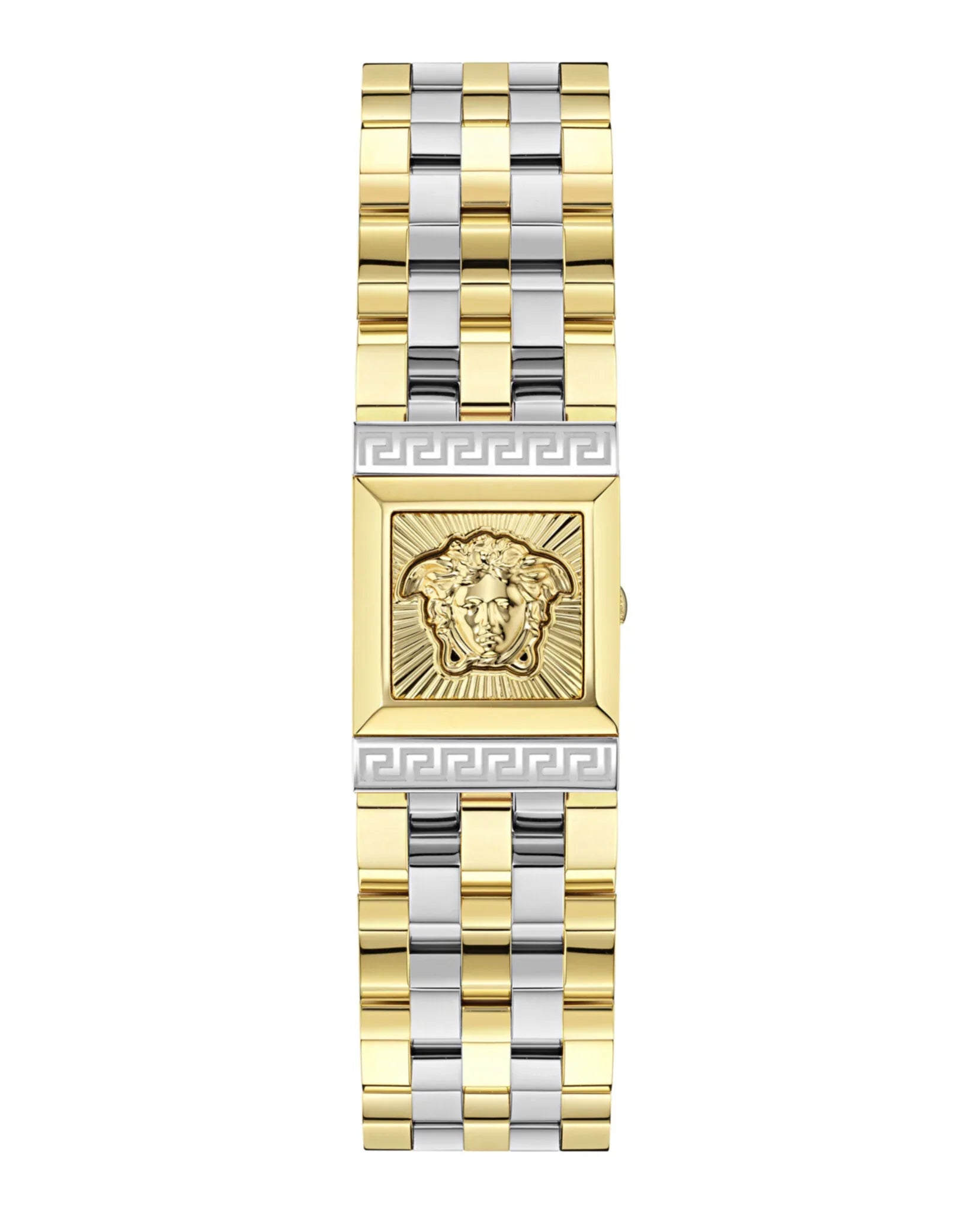 Versace Reveal watch strap and bracelet detail showing two-tone gold and silver links