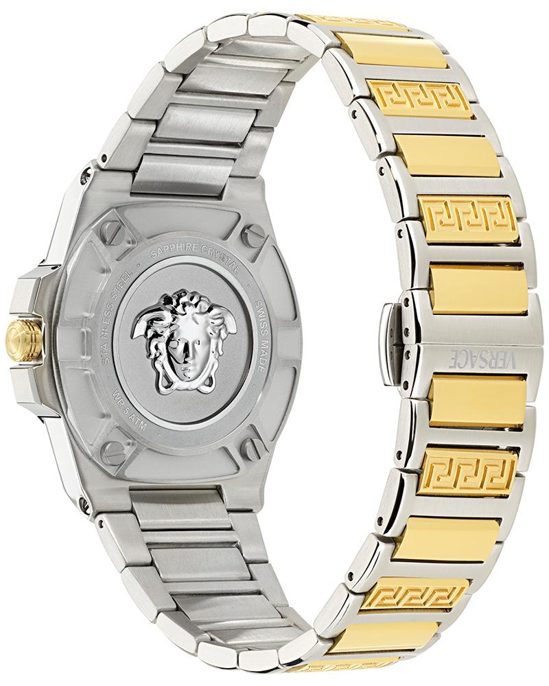 Watch caseback and two-tone bracelet with stainless steel and gold links with Greca pattern