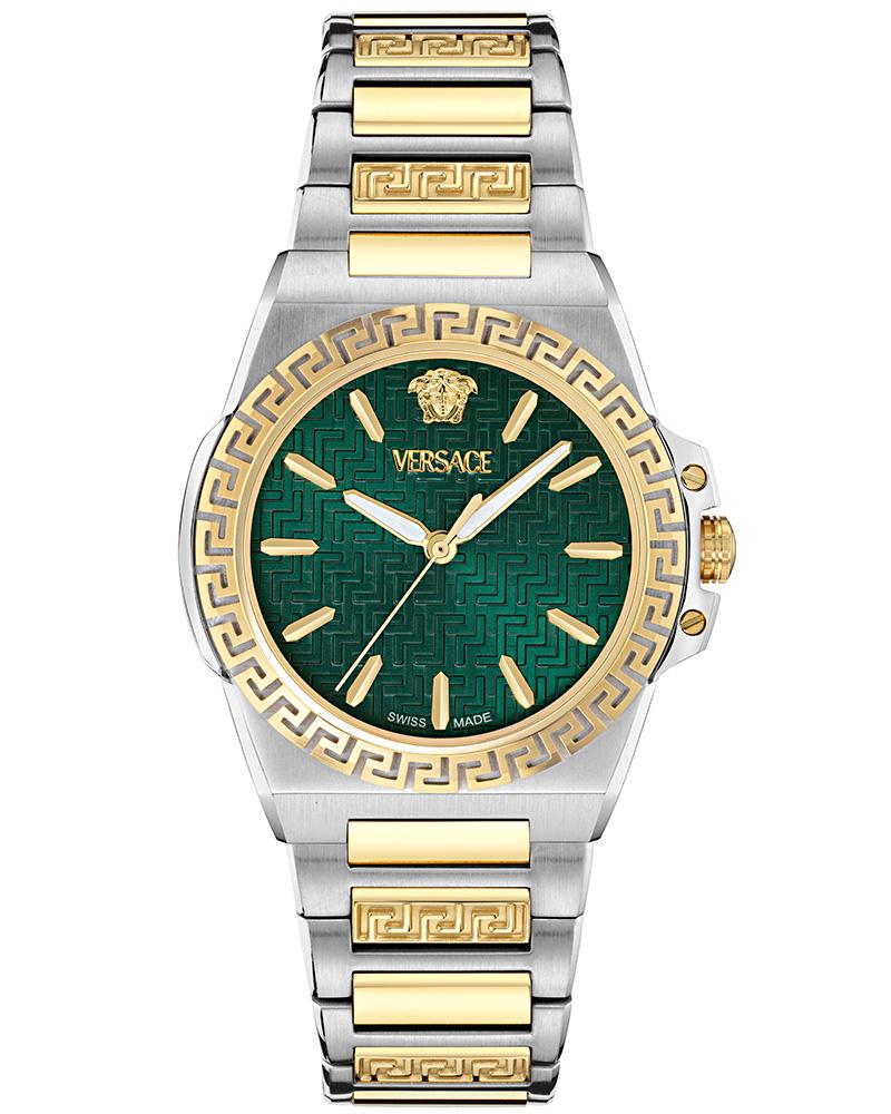 Versace Greca Reaction watch with green guilloche dial, two-tone stainless steel and gold bracelet