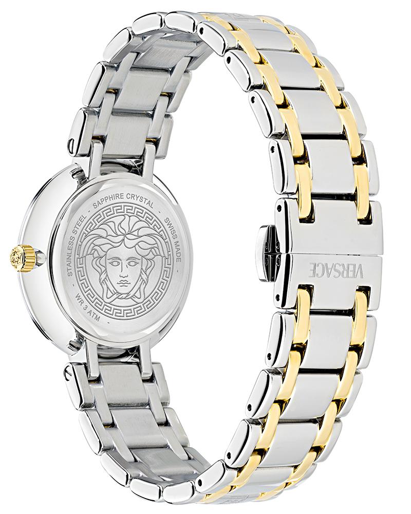 Caseback view of Versace Antlia 34mm watch showing Medusa engraving and two-tone bracelet