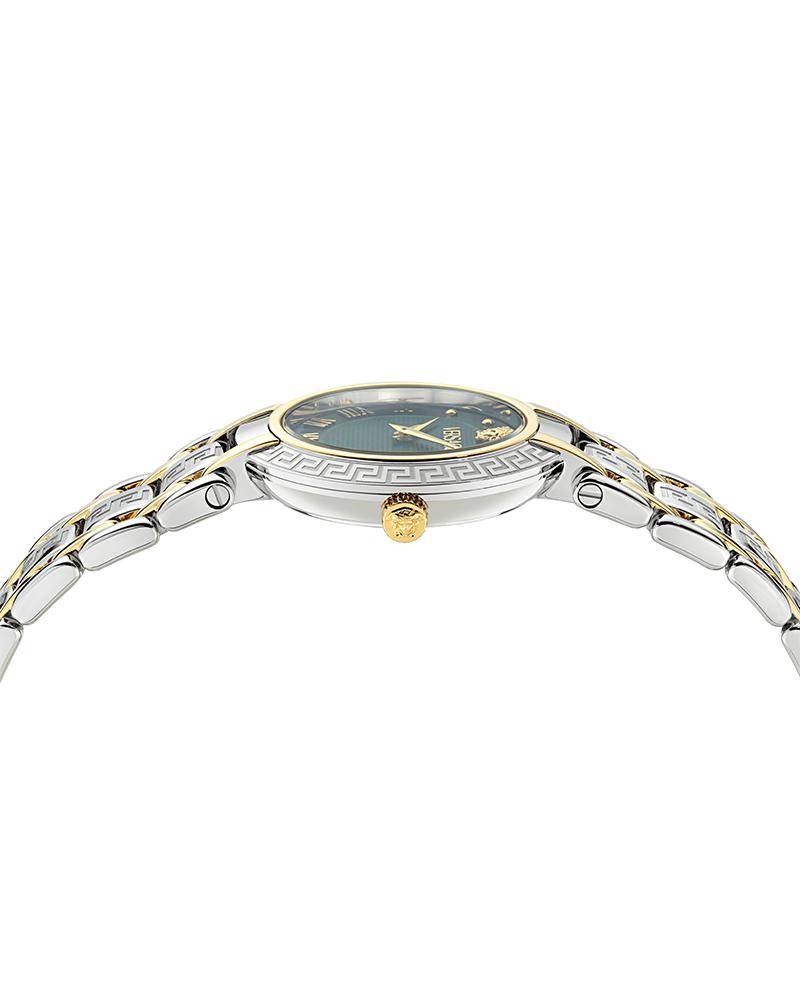 Side view of Versace Antlia watch showing two-tone bracelet and bezel profile