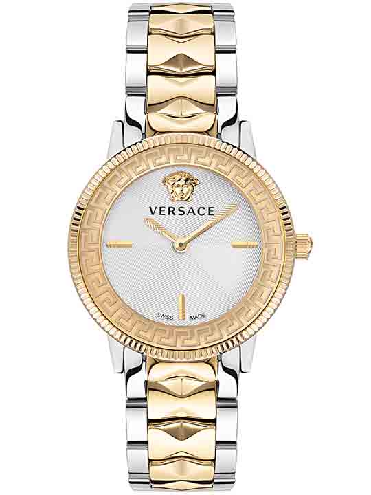 Versace V-Tribute quartz watch with silver dial, two-tone stainless steel bracelet and Medusa medallion bezel