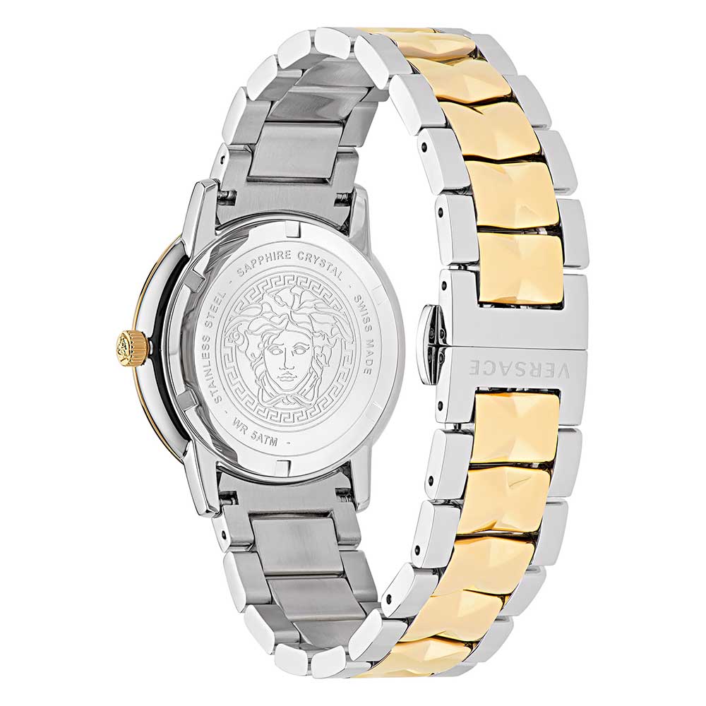 Side view of Versace V-Tribute two-tone bracelet and caseback with Medusa medallion and water resistance marking