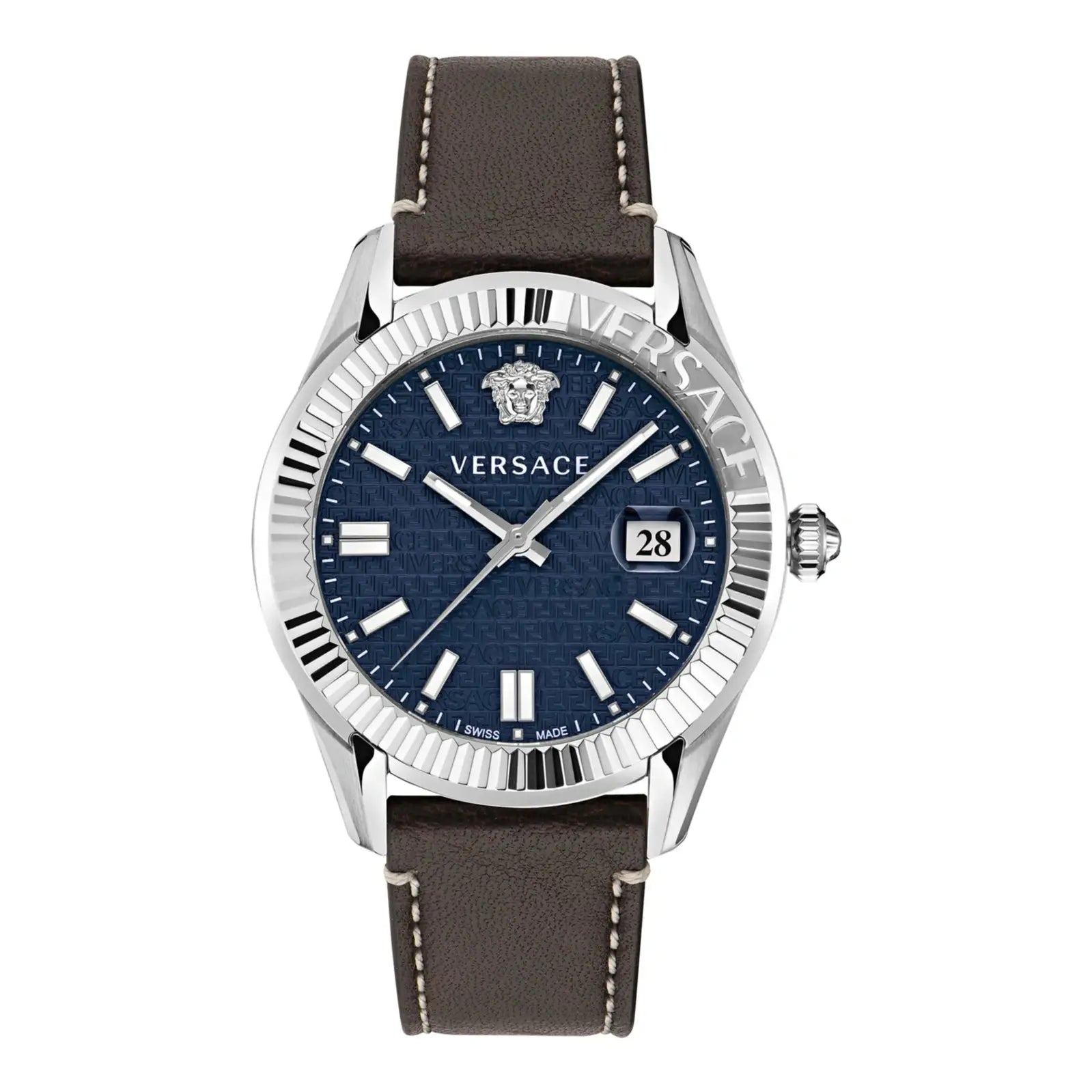 Versace Greca Time Quartz Blue Dial Brown Leather Strap Watch For Men - VE3K00122