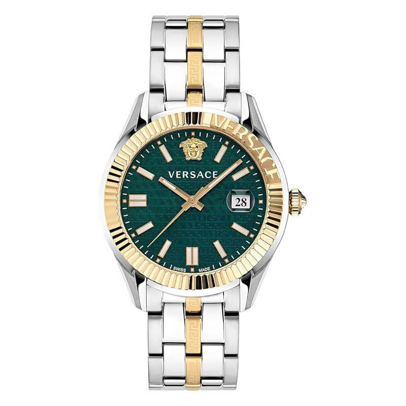 Versace Greca Time men's watch with green dial, two-tone steel and gold strap